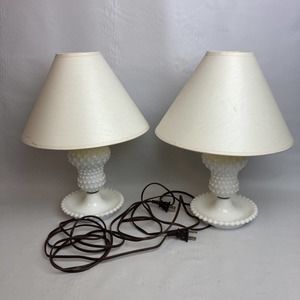 Vintage Mid Century White Milk Glass Hobnail Farmhouse Bedside Table Lamps 15"